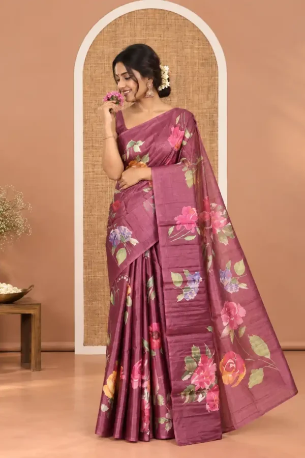Borderless Wine Fancy Tussar Saree