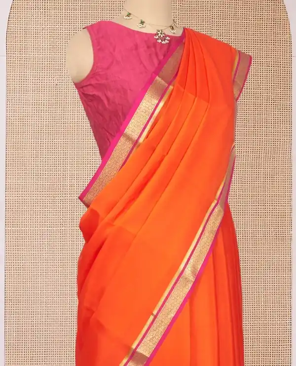 Orange Plain Mysore Silk Saree, - Image 3