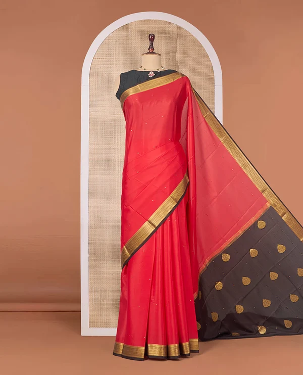Red Mysore Silk Saree, Spotlighted with Zari Buttas