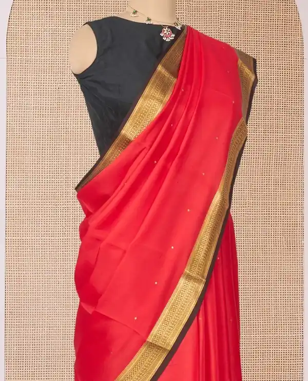 Red Mysore Silk Saree, Spotlighted with Zari Buttas - Image 3