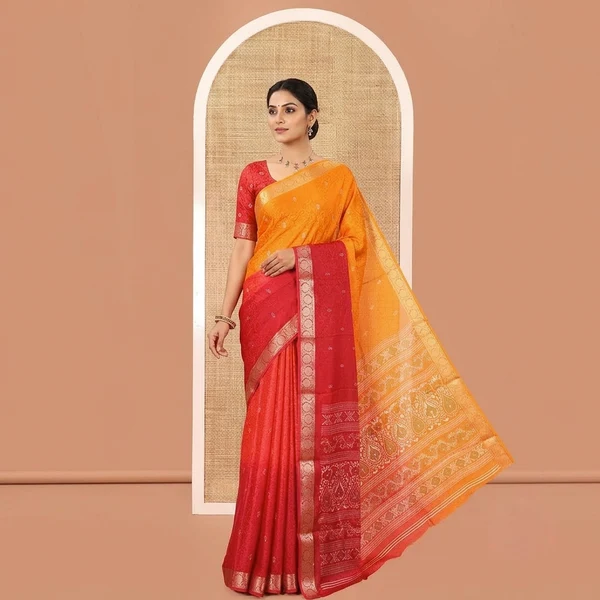 Yellow & Red Georgette Banarasi Saree – Elegant Traditional Wear