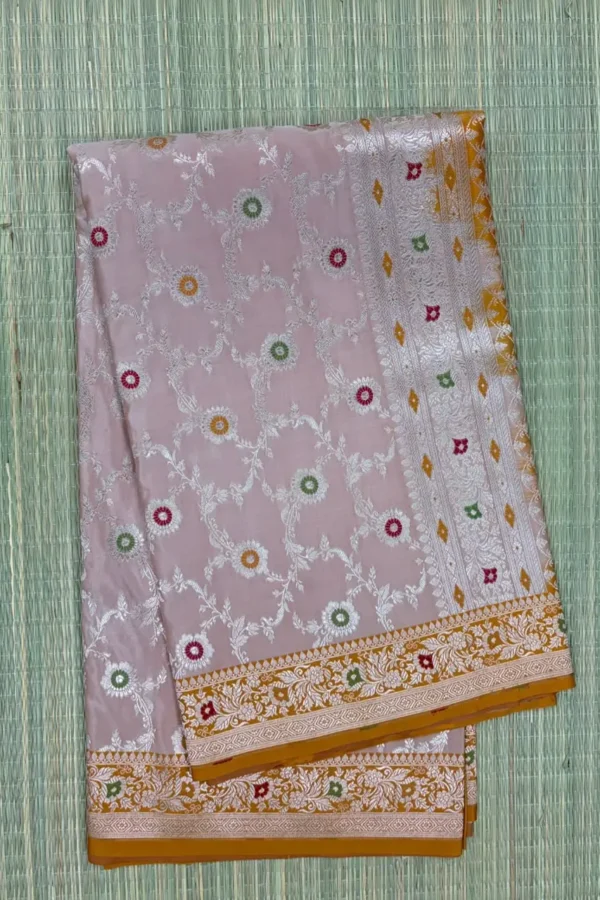 Beige Meenakari Floral Pure Mashru Silk Saree with Mustard Yellow Border