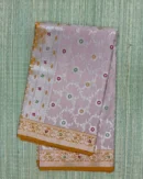 Beige Meenakari Floral Pure Mashru Silk Saree with Mustard Yellow Border