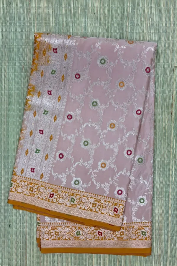 Beige Meenakari Floral Pure Mashru Silk Saree with Mustard Yellow Border