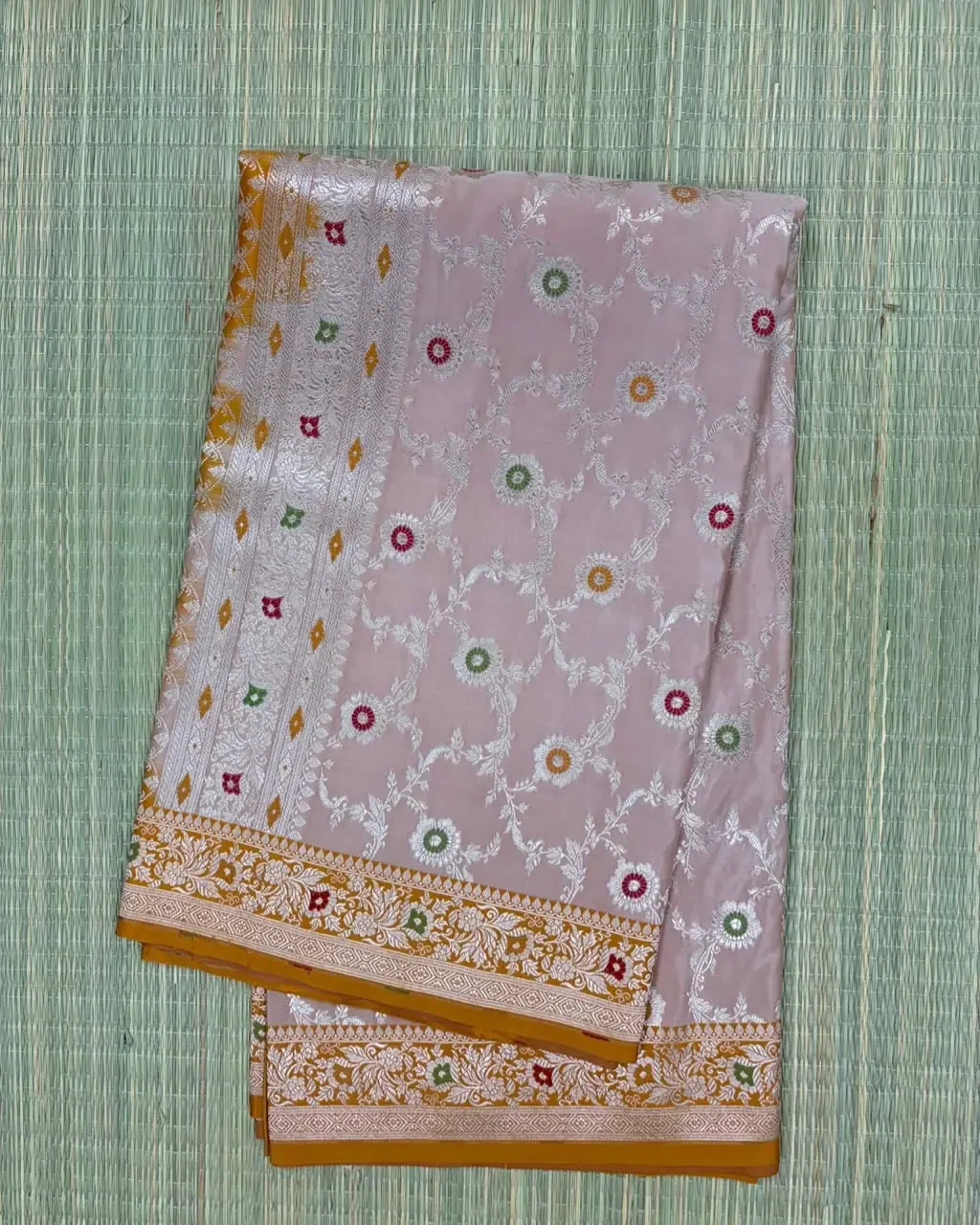 Beige Meenakari Floral Pure Mashru Silk Saree with Mustard Yellow Border