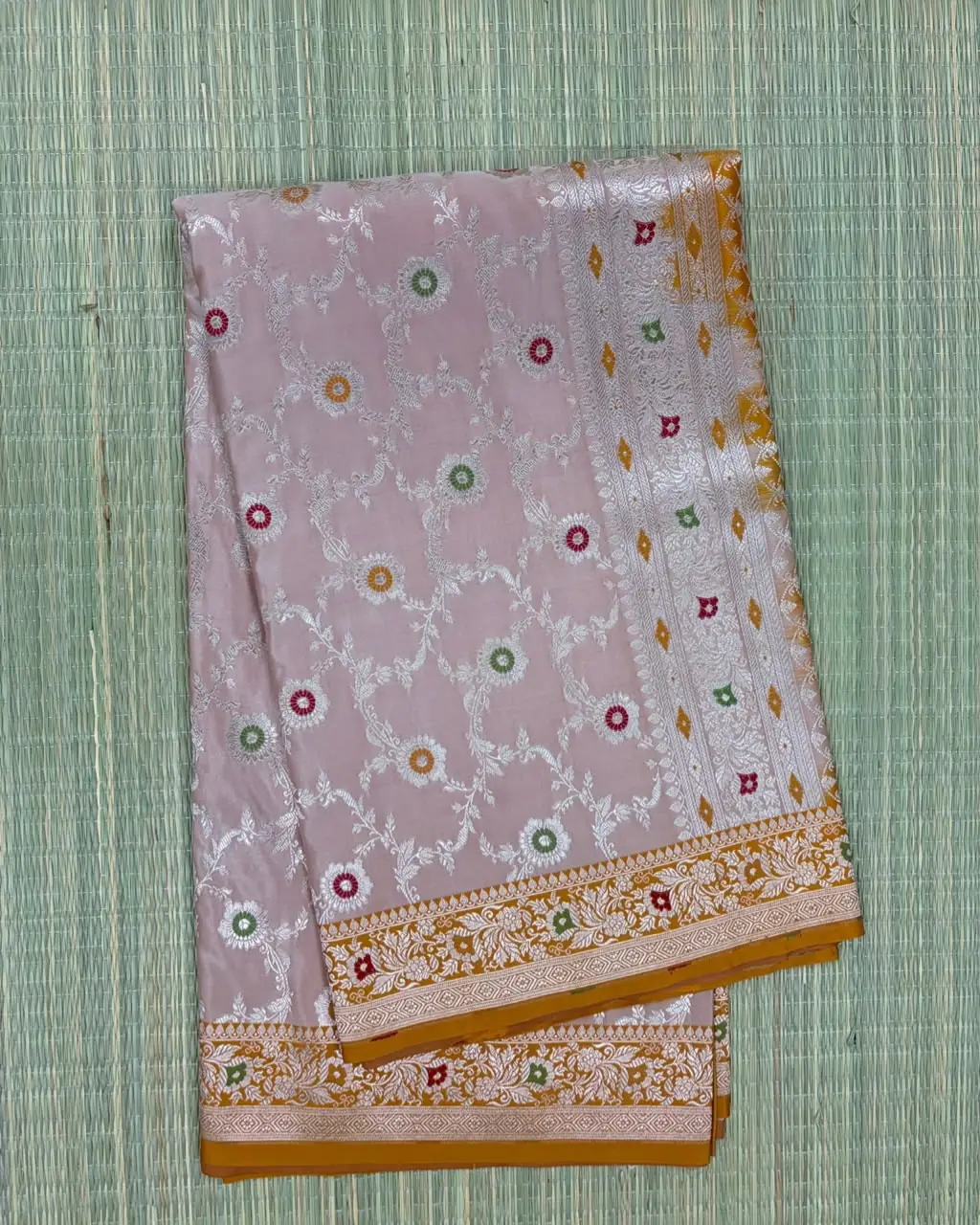 Beige Meenakari Floral Pure Mashru Silk Saree with Mustard Yellow Border