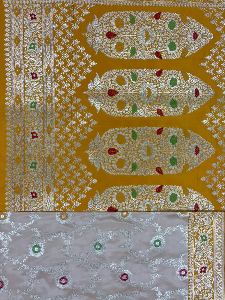 Beige Meenakari Floral Pure Mashru Silk Saree with Mustard Yellow Border - Image 2