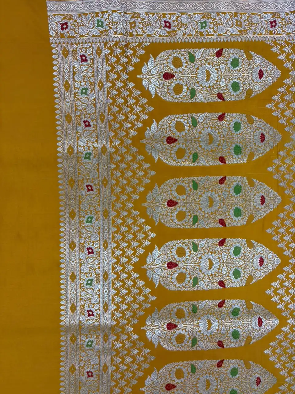 Beige Meenakari Floral Pure Mashru Silk Saree with Mustard Yellow Border - Image 3