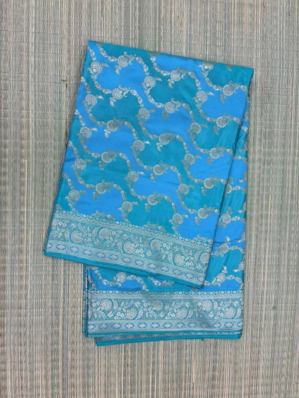 Blue and Turquoise Green Rangkaat Pure Mashru Silk Saree