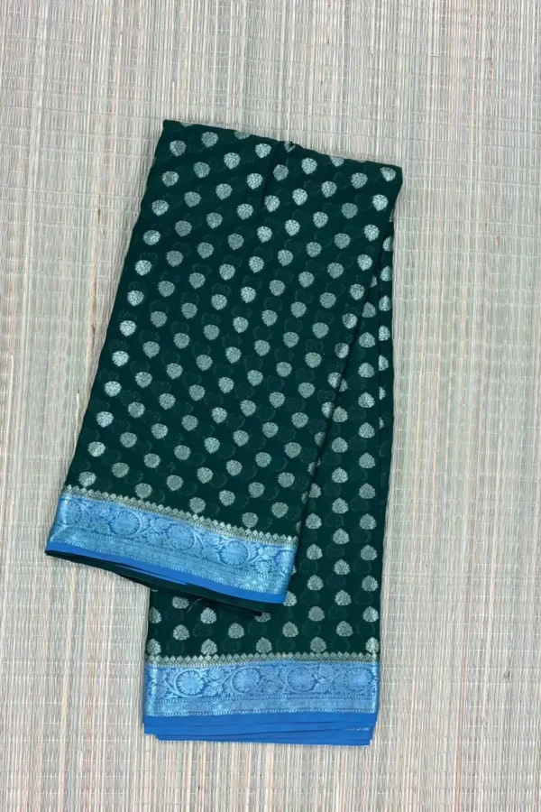 Bottle Green Semi Chiffon Saree with Sky Blue Border