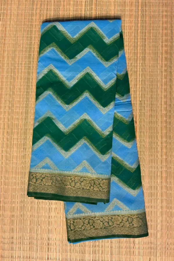 Bottle Green and Sky Blue Zigzag Semi Chiffon Saree
