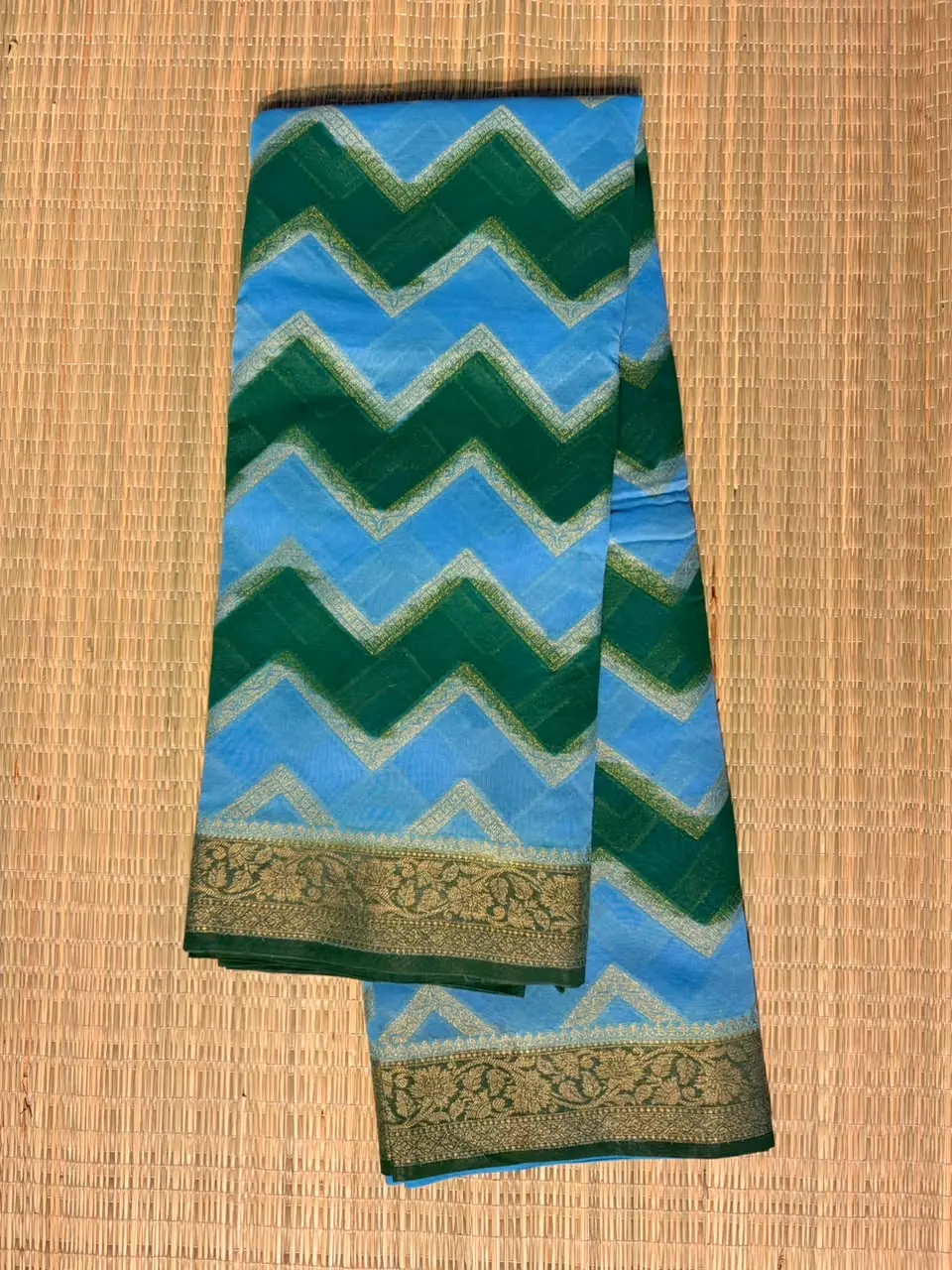 Bottle Green and Sky Blue Zigzag Semi Chiffon Saree