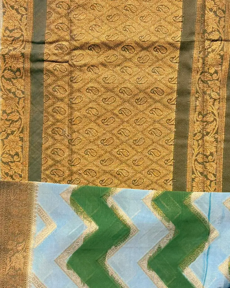 Bottle Green and Sky Blue Zigzag Semi Chiffon Saree - Image 2