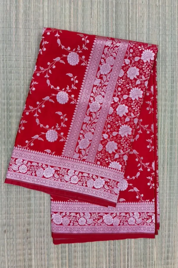 Bright Red Floral Jaal Pure Mashru Silk Saree