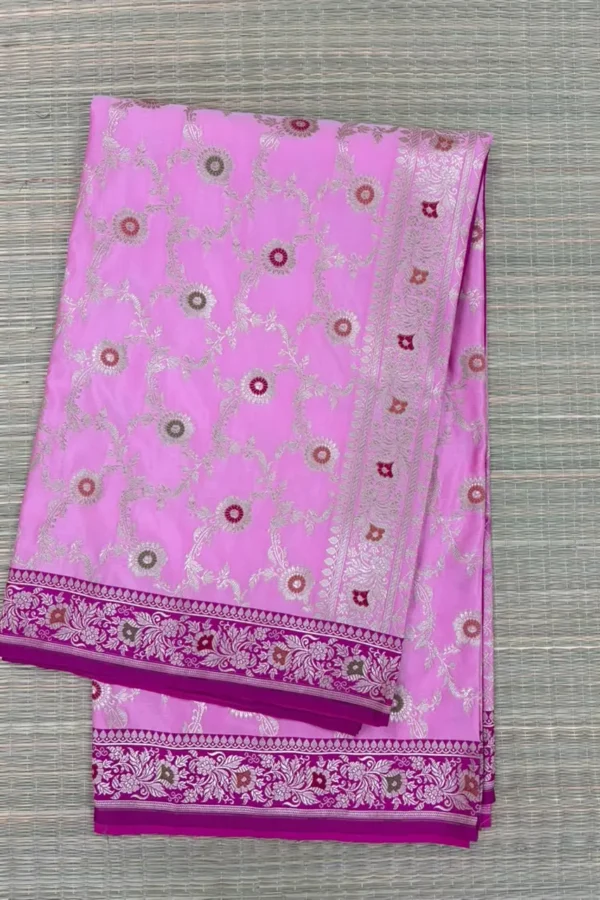 Bright Rose Meenakari Floral Pure Mashru Silk Saree with Purple Border
