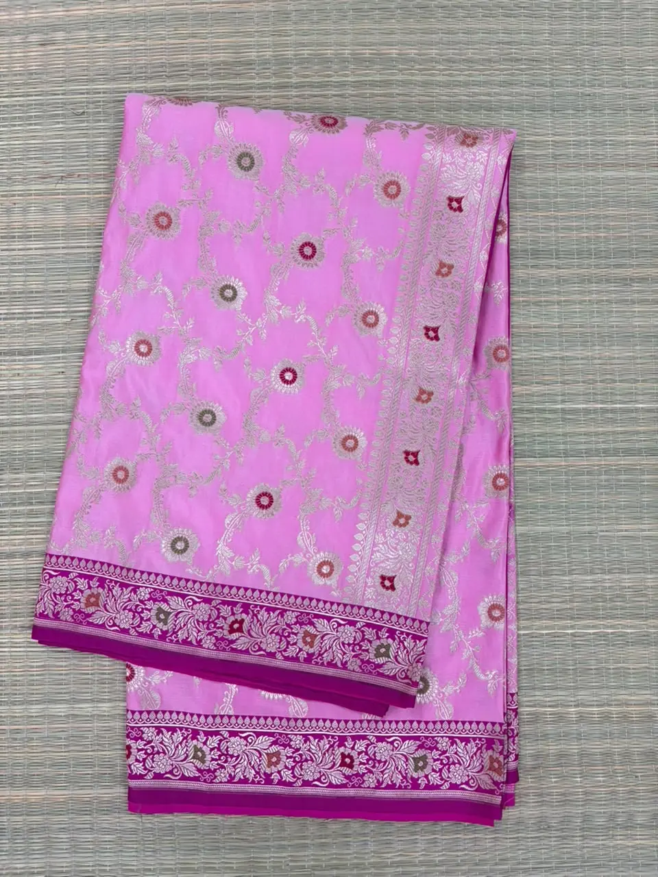 Bright Rose Meenakari Floral Pure Mashru Silk Saree with Purple Border