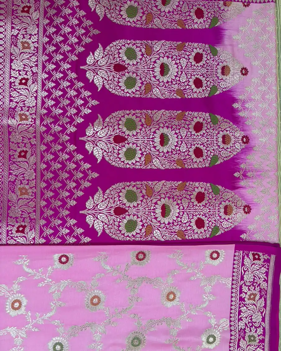 Bright Rose Meenakari Floral Pure Mashru Silk Saree with Purple Border - Image 2
