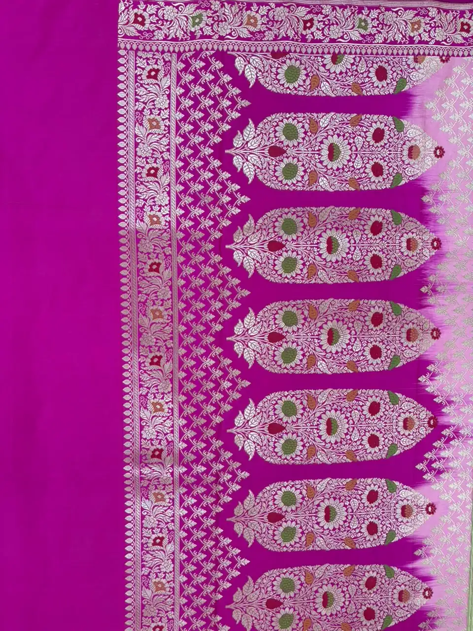 Bright Rose Meenakari Floral Pure Mashru Silk Saree with Purple Border - Image 3