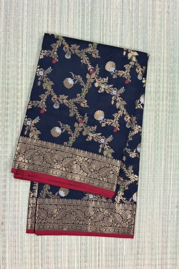 Dark Navy Blue Meenakari Semi Silk Saree with Red Piping Border