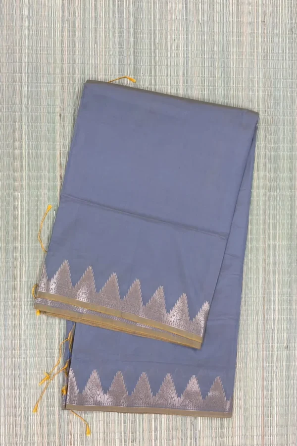 Elephant Grey Temple Border Semi Silk Saree with Mustard Yellow Piping