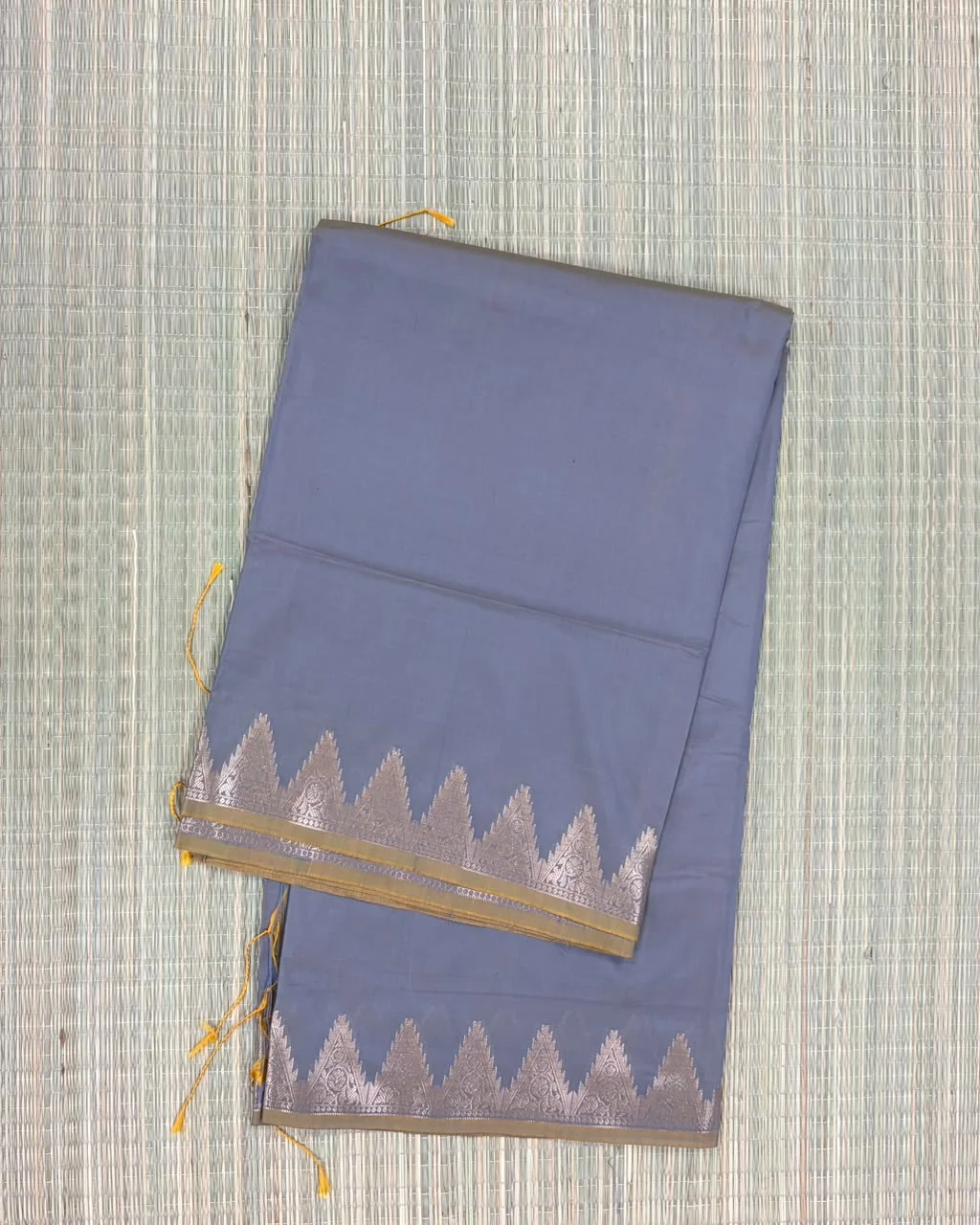 Elephant Grey Temple Border Semi Silk Saree with Mustard Yellow Piping