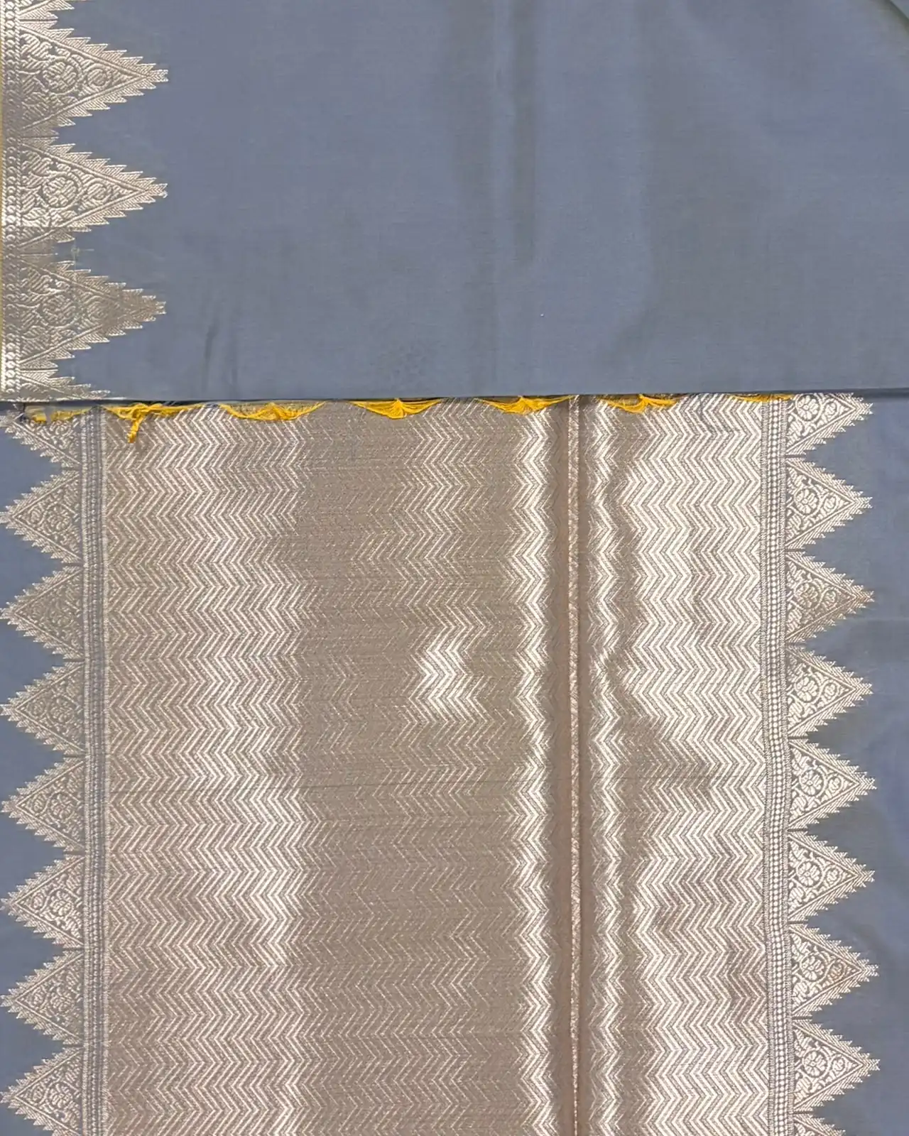 Elephant Grey Temple Border Semi Silk Saree with Mustard Yellow Piping - Image 3