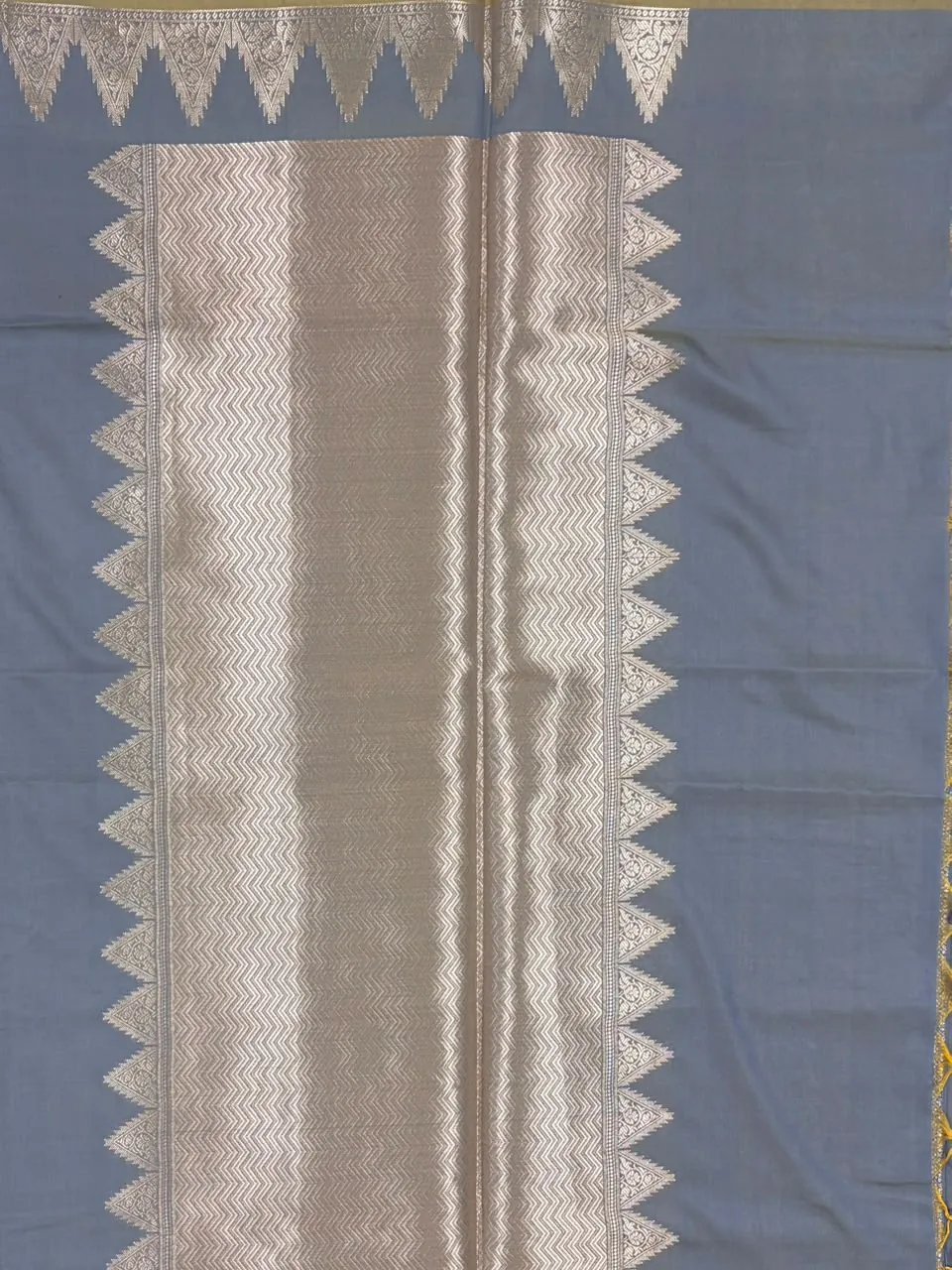 Elephant Grey Temple Border Semi Silk Saree with Mustard Yellow Piping - Image 2