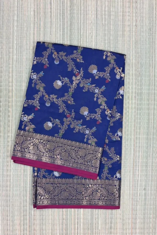 Ink Blue Meenakari Pure Mashru Silk Saree with Magenta Piping Border