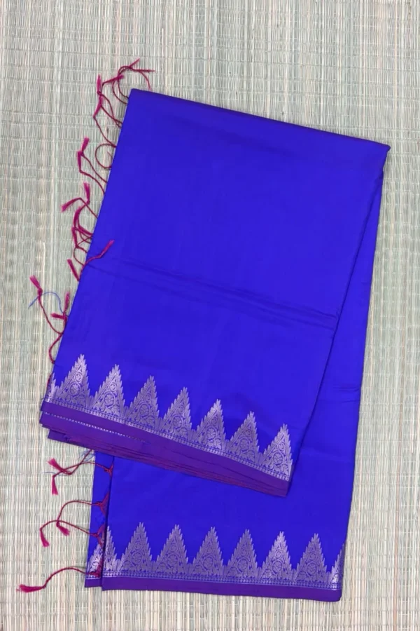 Ink Blue Temple Border Semi Silk Saree with Purple Piping