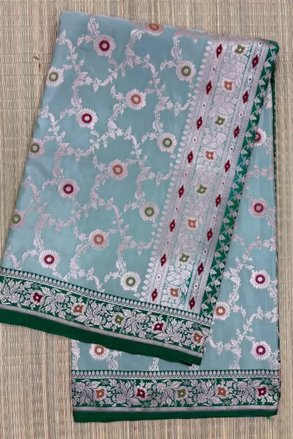 Light Green Meenakari Floral Pure Mashru Silk Saree with Dark Green Border
