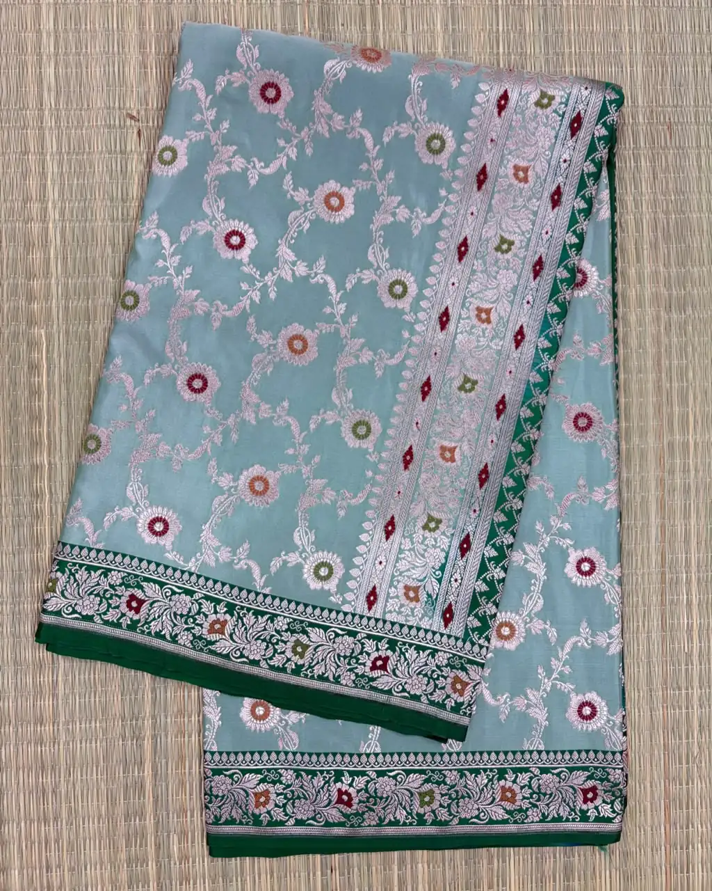 Light Green Meenakari Floral Pure Mashru Silk Saree with Dark Green Border