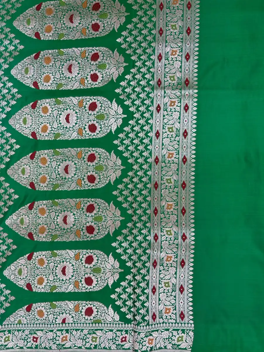 Light Green Meenakari Floral Pure Mashru Silk Saree with Dark Green Border - Image 2