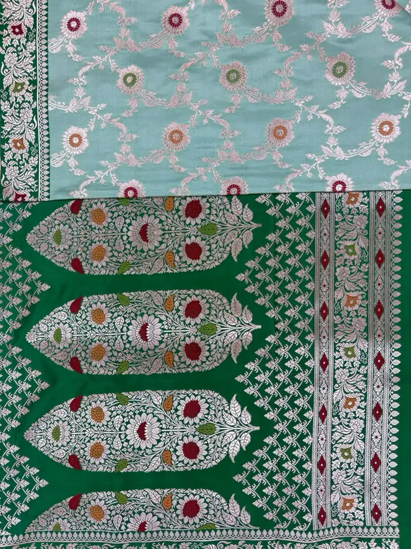 Light Green Meenakari Floral Pure Mashru Silk Saree with Dark Green Border - Image 3