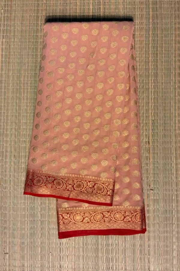 Light Peach Butta Semi Chiffon Saree with Red Piping Border