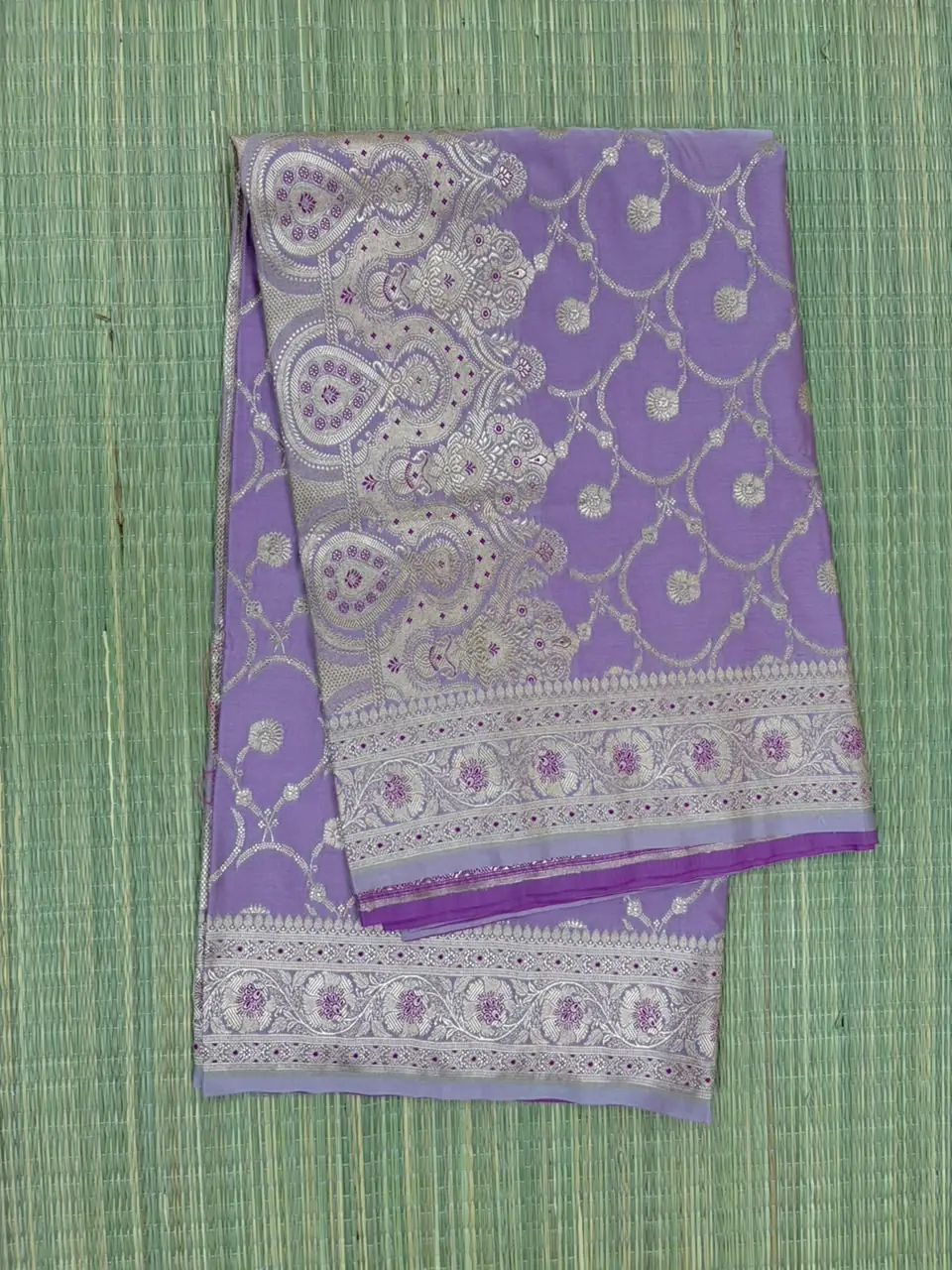 Lilac Pure Mashru Silk Saree with Dark Purple Piping Border
