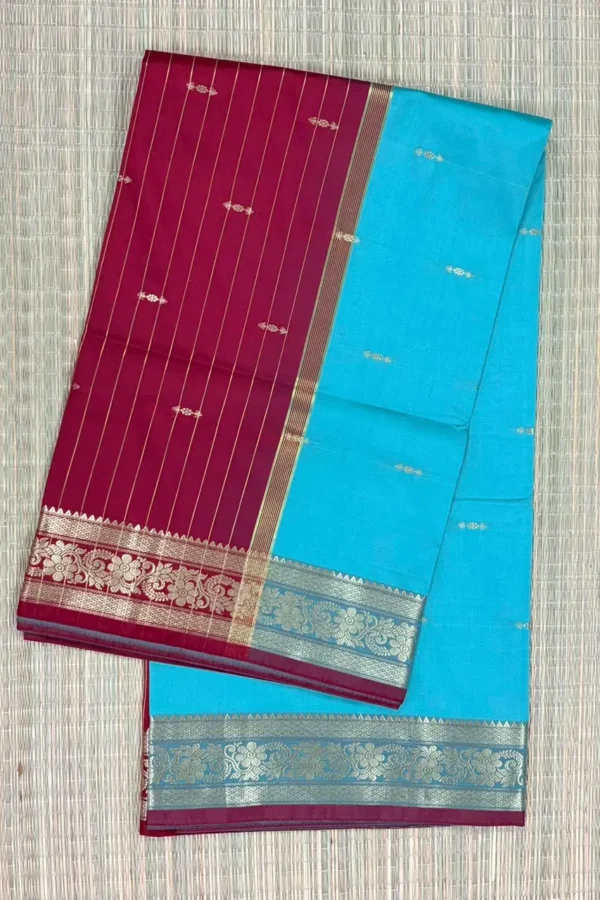 Maroon and Sky Blue Semi Silk Saree