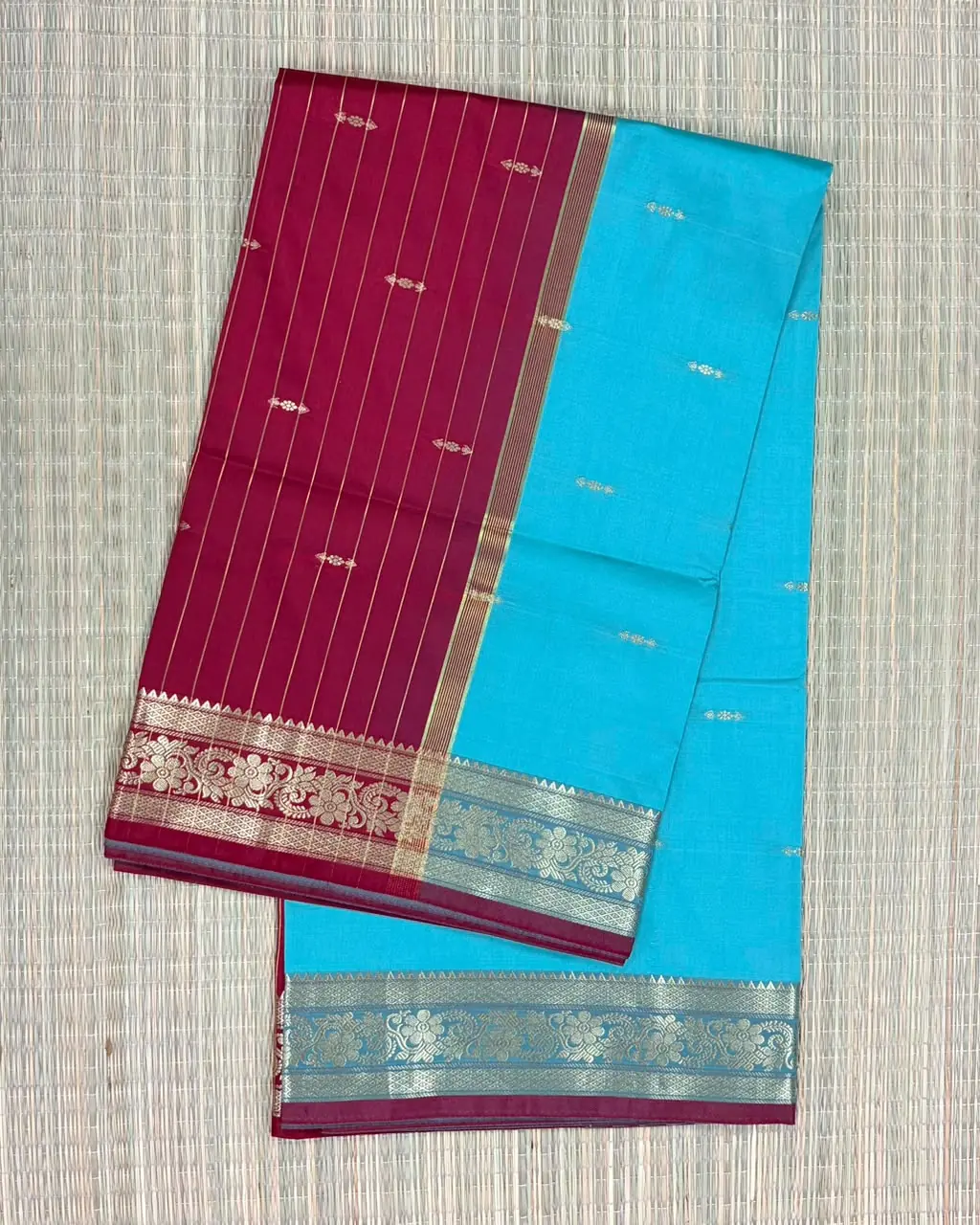 Maroon and Sky Blue Semi Silk Saree