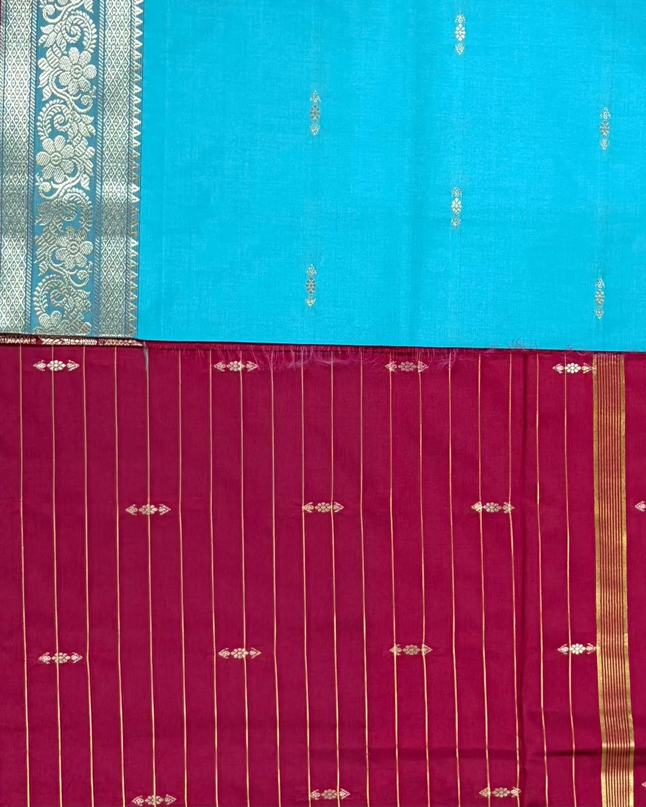 Maroon and Sky Blue Semi Silk Saree - Image 3