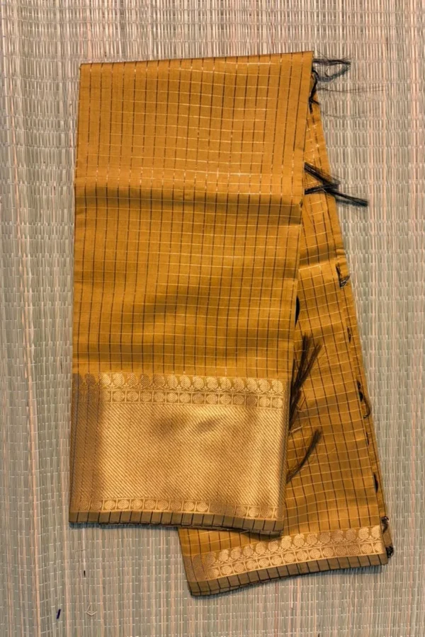Mustard Yellow Checked Semi Katan Saree