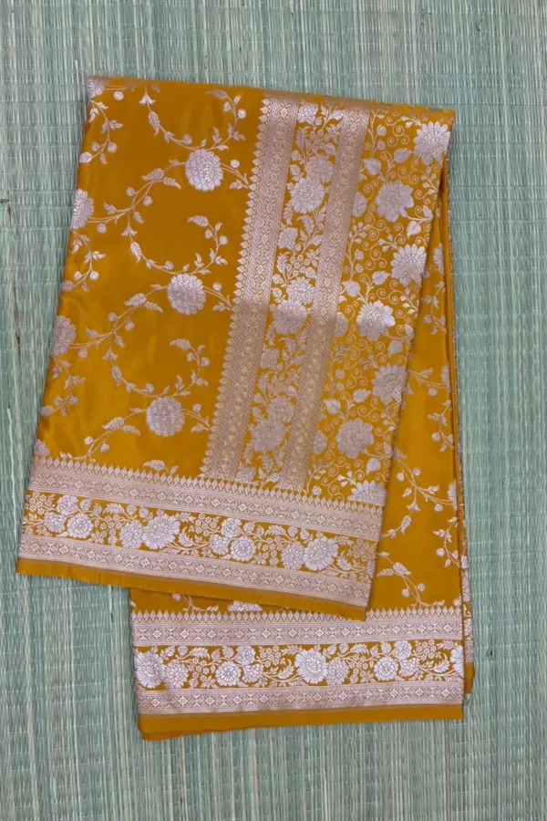 Mustard Yellow Floral Jaal Pure Mashru Silk Saree