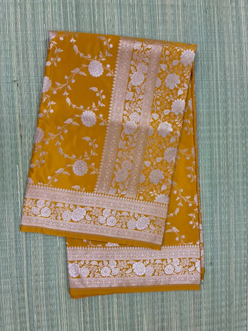 Mustard Yellow Floral Jaal Pure Mashru Silk Saree