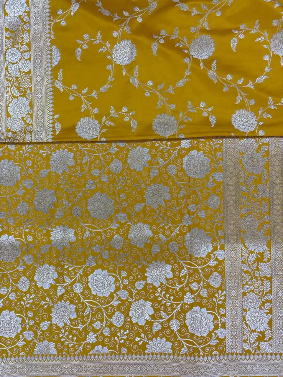 Mustard Yellow Floral Jaal Pure Mashru Silk Saree - Image 2