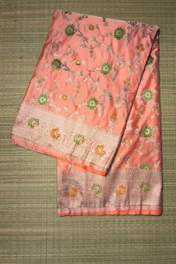 Peach Orange Meenakari Pure Mashru Silk Saree