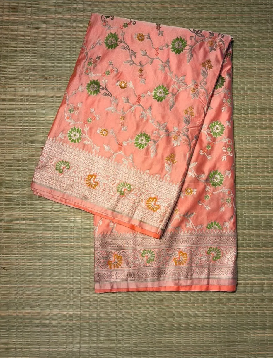 Peach Orange Meenakari Pure Mashru Silk Saree