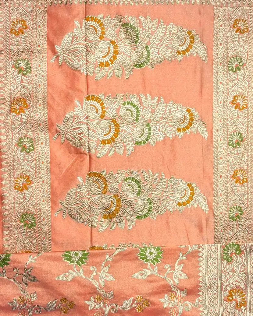 Peach Orange Meenakari Pure Mashru Silk Saree - Image 2