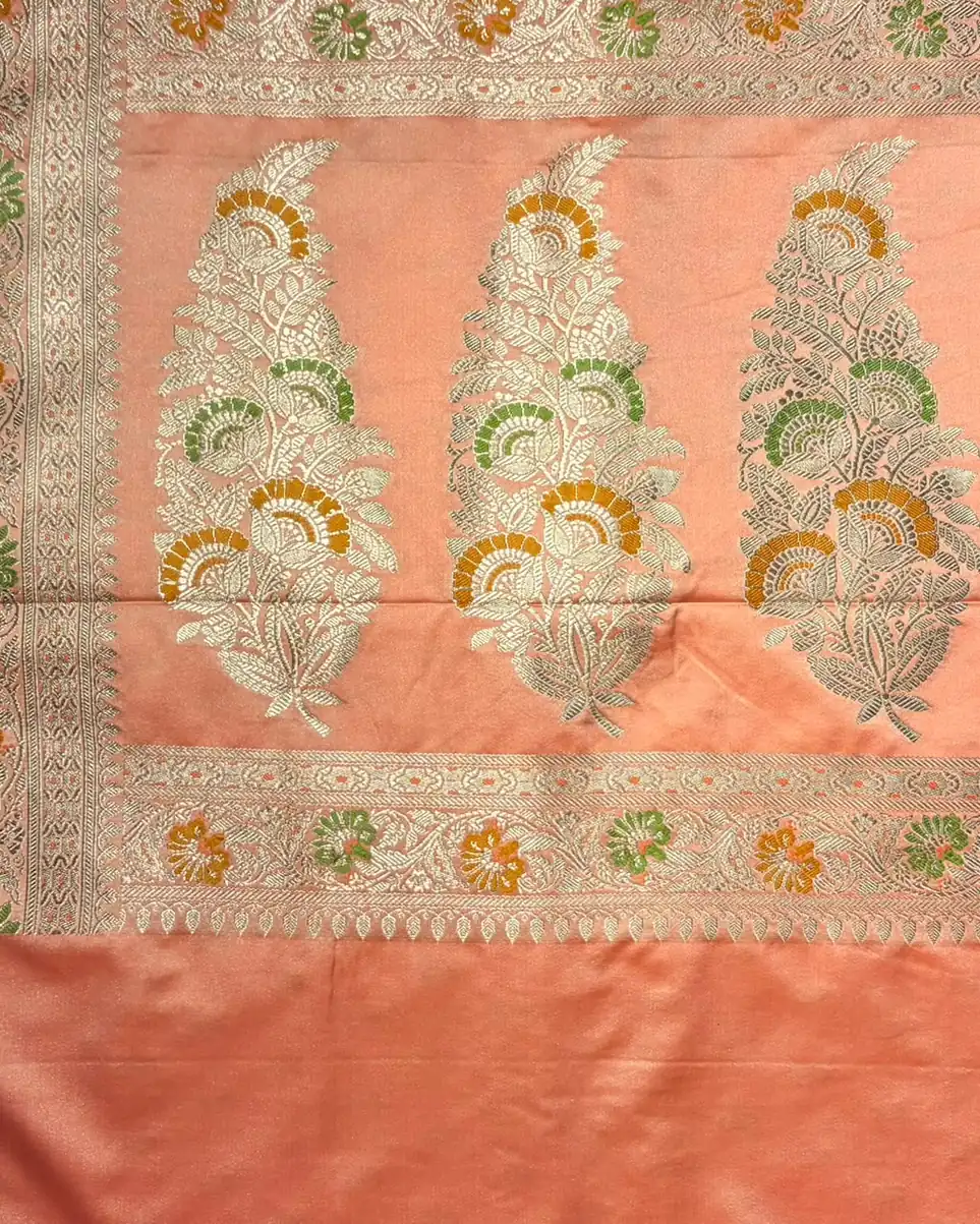 Peach Orange Meenakari Pure Mashru Silk Saree - Image 3