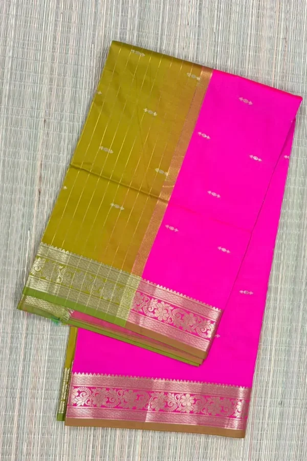 Pink and Green Semi Silk Saree