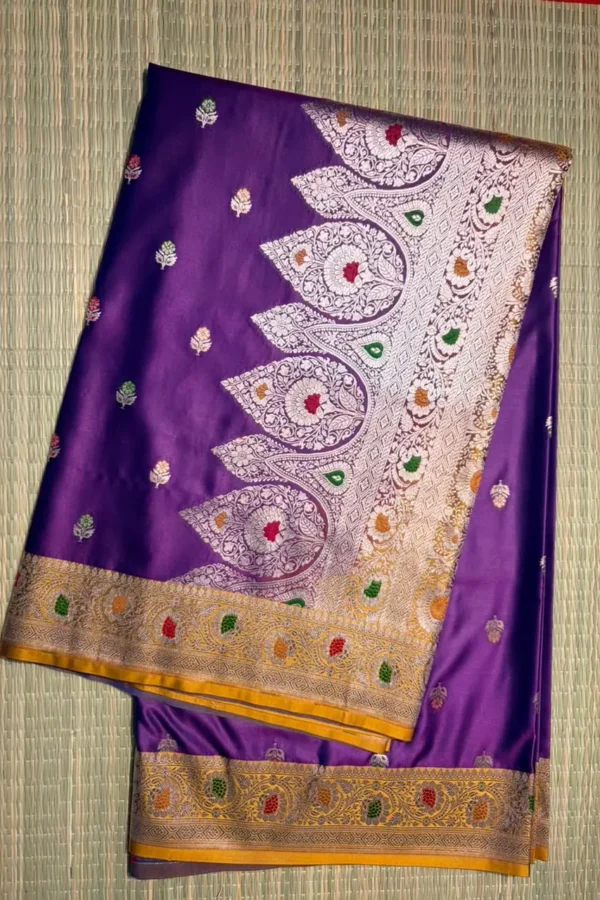 Purple Meenakari Pure Mashru Silk Saree with Mustard Yellow Border