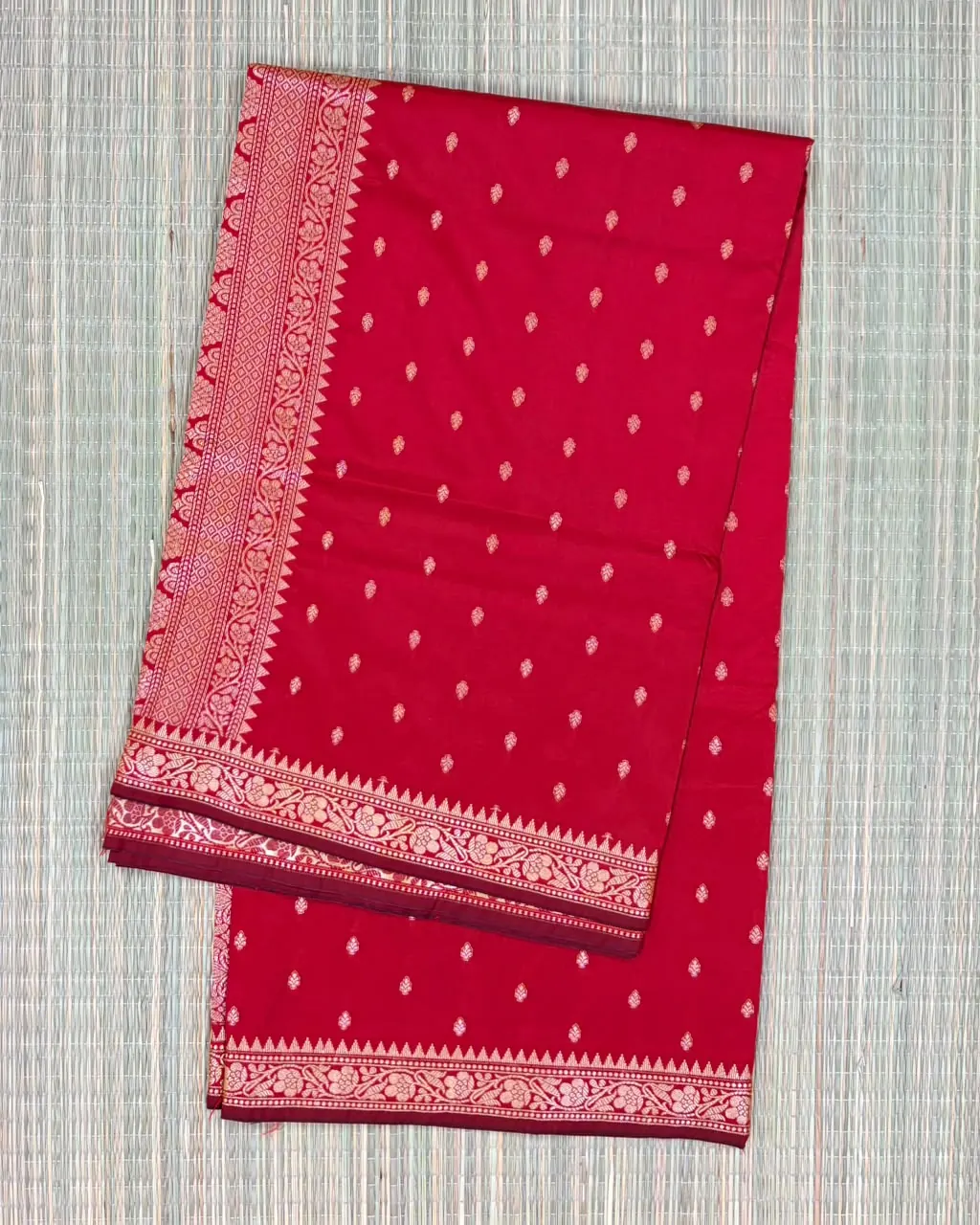 Red Small Butta Semi Silk Saree with Maroon Piping Border