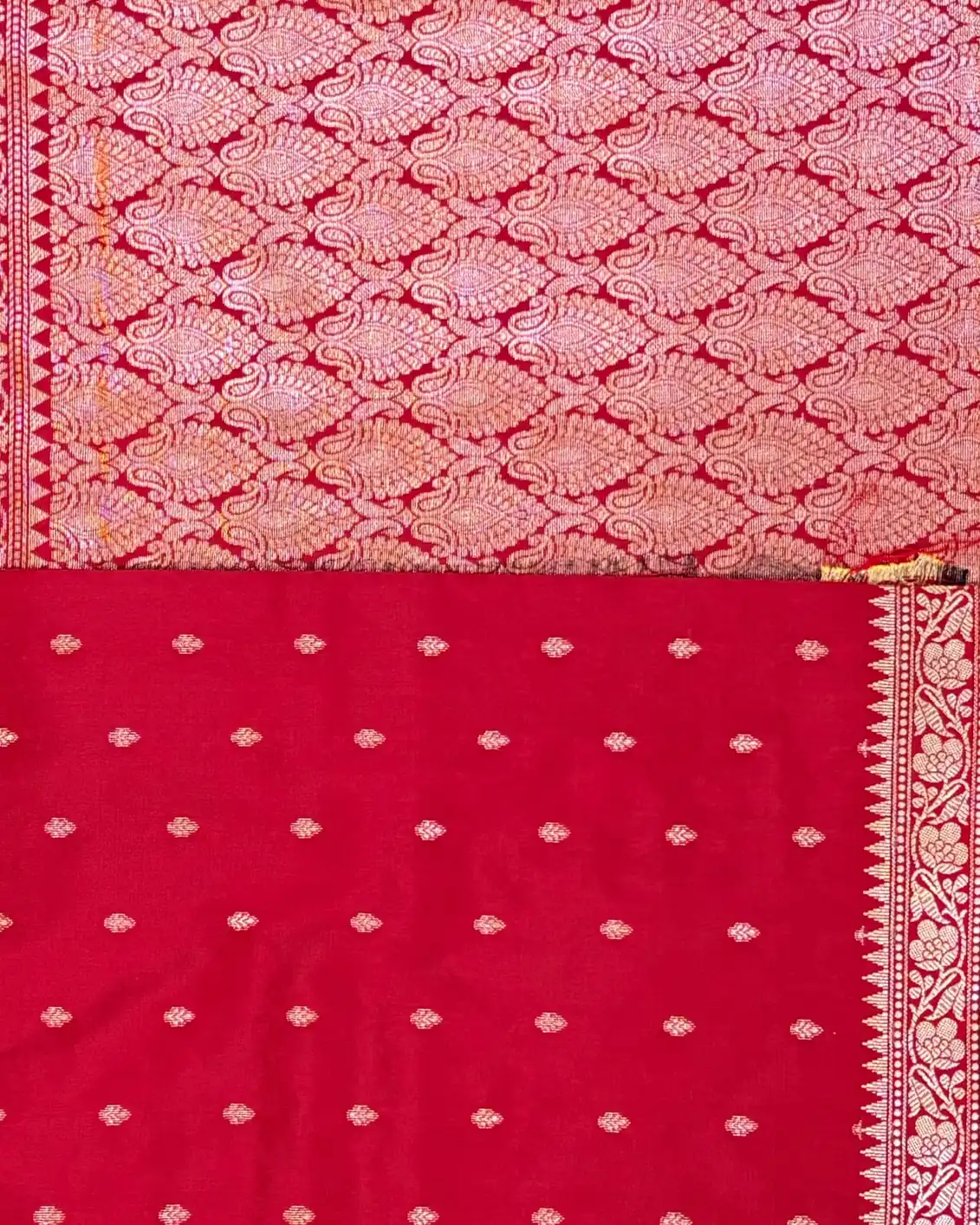 Red Small Butta Semi Silk Saree with Maroon Piping Border - Image 2